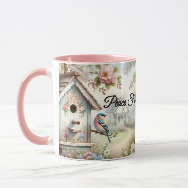 Caneca Casa de Pássaros da Primavera com Flores Pastel e  (Esquerda)