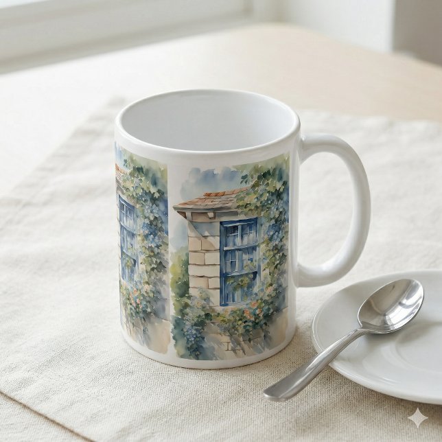 Caneca Casa de Pedra com Janela Azul e Trepadeiras (Blue Window Stone Wall Cottage Vines Mug)