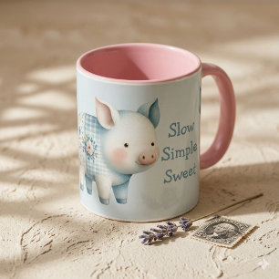 Caneca Casa de Porco em Remendo Azul Ilustração Cottageco