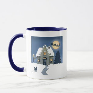 Caneca Casa em Snowy Night com Cat e Papais noeis