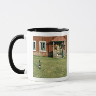 Caneca Casa vermelha gasta com um gato no gramado
