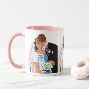 Caneca Casamento Antigo, Noiva e Noivo Retrô se Beijando