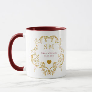 Caneca Casamento de Monograma Floral Dourado Elegante