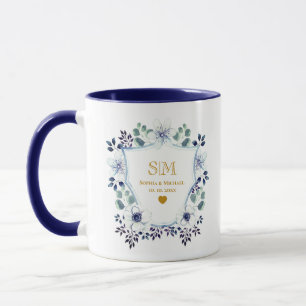 Caneca Casamento Floral Azul Elegante & Dourado I Anivers
