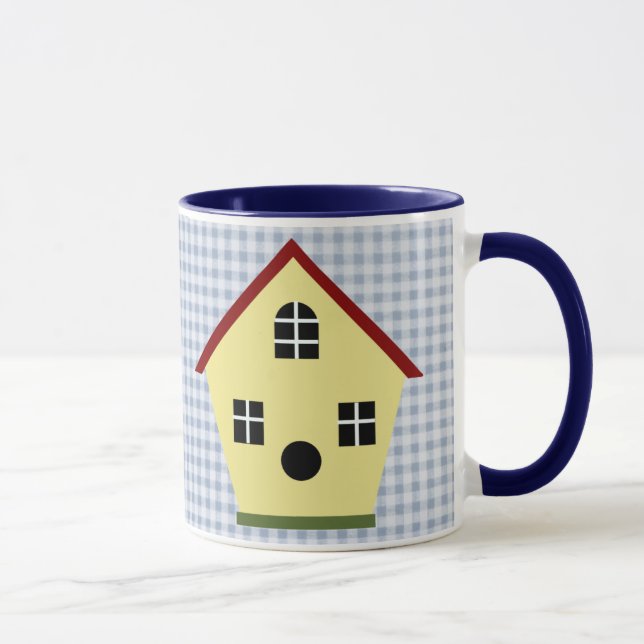 Caneca Casinha Amarela Xadrez Azul Café Mug (Direita)
