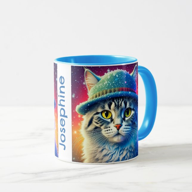 Caneca Cat de Natal em um Chapéu - nome editável (Frente Esquerda)