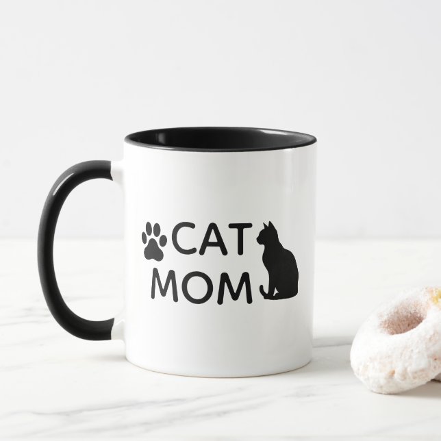 Caneca CAT MOM Coffee Mug | Black Cat Paw Print & Heart (Com Donut)