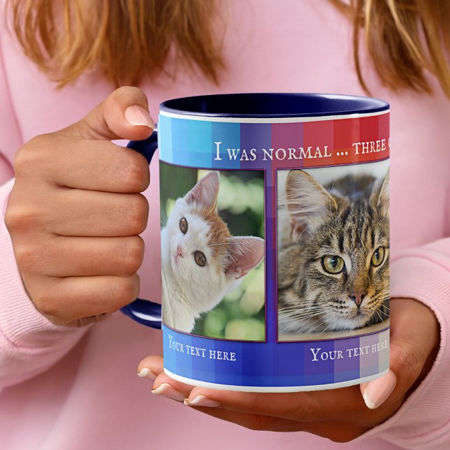 Caneca Cats Engraçados Coloridos, Foto Personalizada (Photo mug featuring your own favorite (cat) photos framed by a colorful checkered design.)