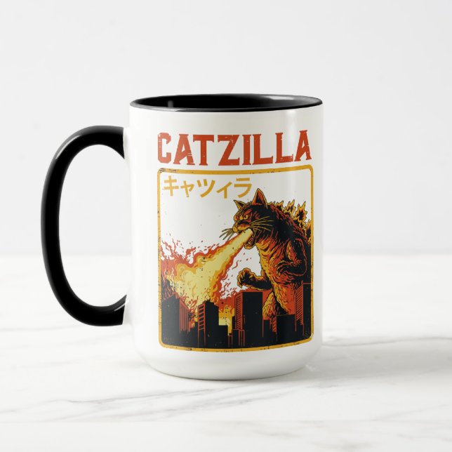 Caneca Catzilla Cat Monster Funny Japanese Parody Women M (Esquerda)
