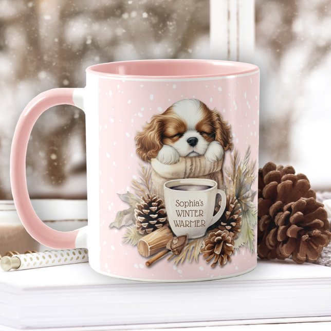 Caneca Cavaleiro Rosa de Natal King Charles Puppy (Christmas Winter Pink Cavalier King Charles Puppy Mug)