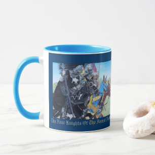Caneca cavaleiros medievais joujando em cavalos