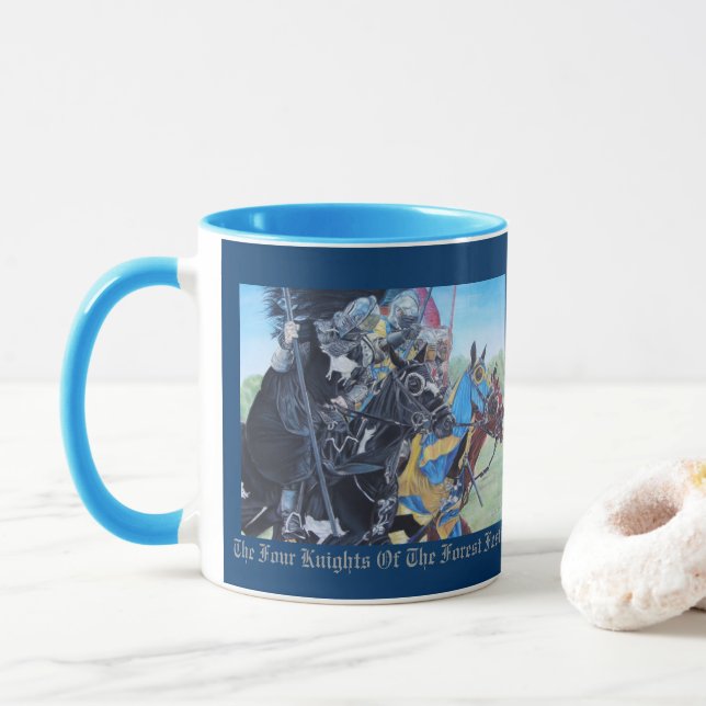 Caneca cavaleiros medievais joujando em cavalos (Com Donut)