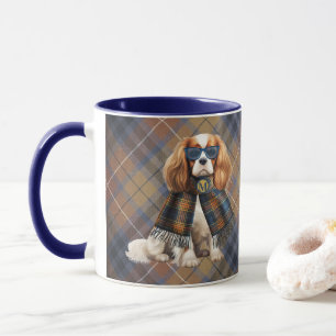 Caneca Cavalier King Charles Cachorro e Monograma Xadrez