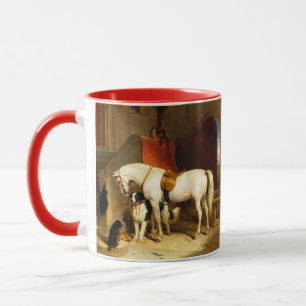CANECA CAVALO BRANCO COM CÃES E FALCONS EM ESTÁVEL