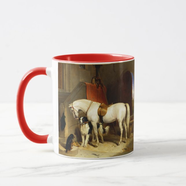 CANECA CAVALO BRANCO COM CÃES E FALCONS EM ESTÁVEL (Esquerda)