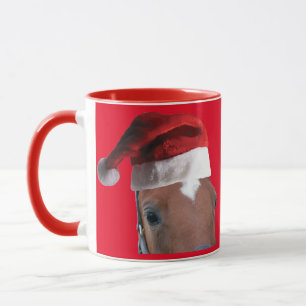 Caneca Cavalo de Natal vestindo um Chapéu de Papai Noel