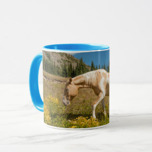 Caneca Cavalo em gramíneas em campo alpino no verão