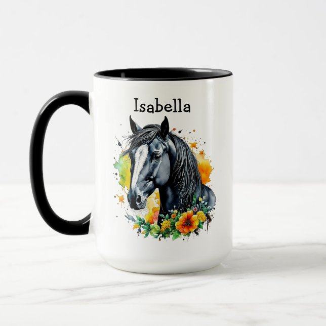 Caneca Cavalo Negro Cercado por Flores Personalizadas (Esquerda)