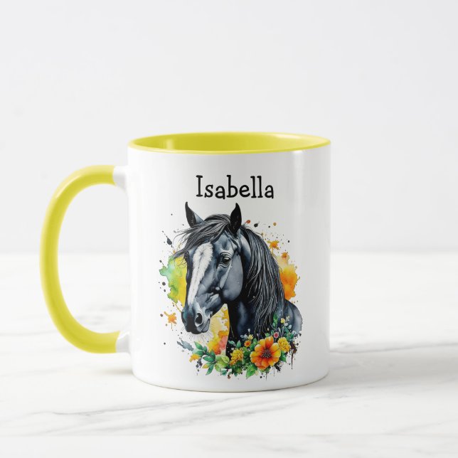 Caneca Cavalo Negro Cercado por Flores Personalizadas (Esquerda)