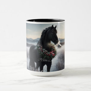 Caneca Cavalo negro na neve com coroa de Natal