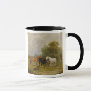 Caneca Cavalos que pastam: Éguas e potros em um campo
