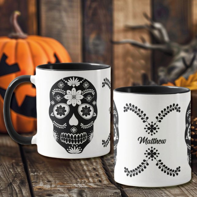 Caneca Caveira de Açúcar Mexicana 2 Preto e Branco Com No (Criador carregado)