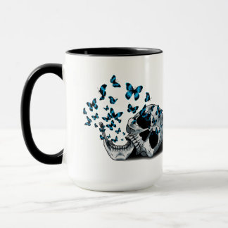Caneca Caveira e Borboletas Azuis Preto e Branco