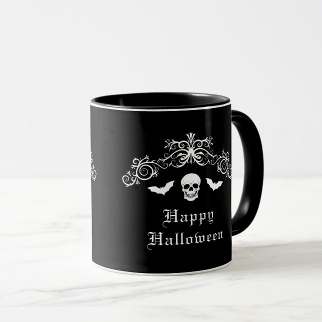 Caneca Caveira e Morcegos Gótico Feliz Halloween Preto (Frente Esquerda)