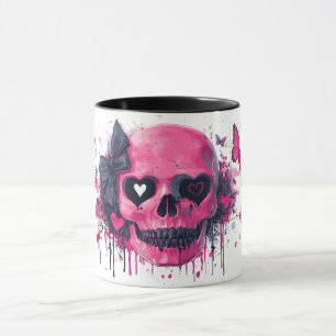 Caneca Caveira Rosa com Borboletas e Corações