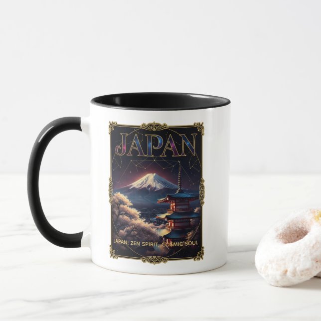 Caneca Celestial Mount Fuji Japan Pagoda Travel Art (Com Donut)