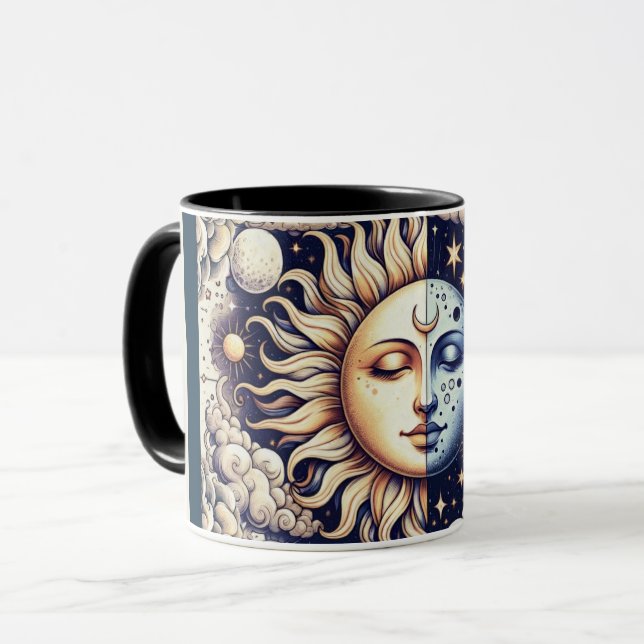Caneca Celestial Vintage Meio Sol & Lua Azul Amarelo (Frente Esquerda)