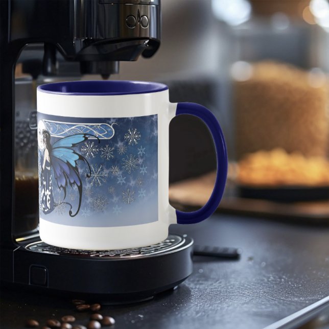 Caneca Celtic Winter Moon Fairy Blue Snowflakes Fantasy (Criador carregado)