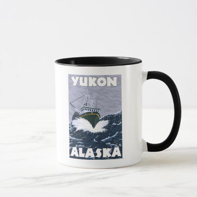Caneca Cena de Barcos de Pesca - Yukon, Alasca (Direita)