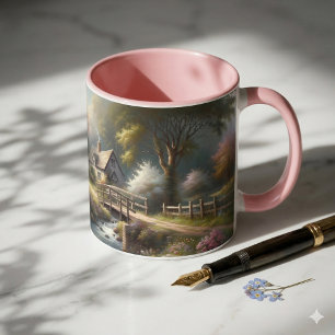 Caneca Cena de Cabana de Ponte da Primavera Cottagecore