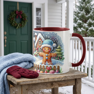 Caneca Cena de Natal com Família de Pão de Mel na Neve