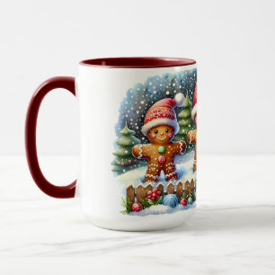 Caneca Cena de Natal com Família de Pão de Mel na Neve