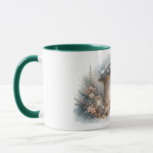 Caneca Cena de Natal Rústica com Florais de Inverno