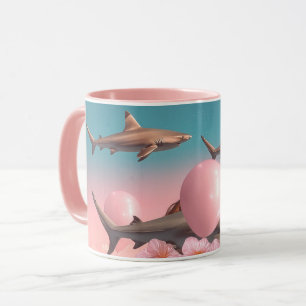 Caneca Cena de Sonho Surrealista com Tubarões e Balões