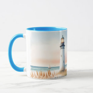 Caneca Cena em aquarela de Farol e Chalé à Beira-Mar