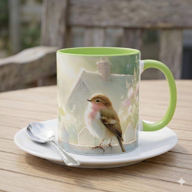 Caneca Cena em Aquarela de Pássaro com Rosa de Jardim (Garden Rose Bird Watercolor Scene Mug)