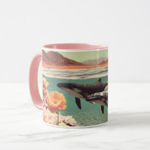 Caneca Cena Surrealista do Oceano com Baleias e Coral