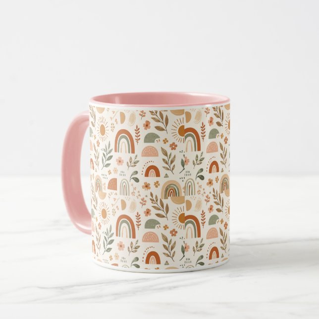Caneca Cerâmica Floral Sol Arco-Íris Boho Terroso (Frente Esquerda)