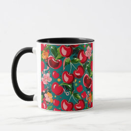 Caneca Cereja Vibrante e Padrão Floral no Fundo Teal