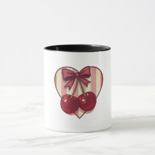 Caneca Cerejas Retrô com Design de Coração e Laço Fofo Vi