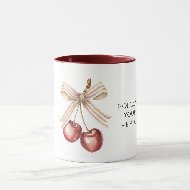 Caneca Cerejas Vermelhas com Laço de Listras Creme e Bran (Centro)