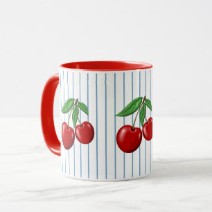Caneca Cerejas Vermelhas em Padrão Gráfico de Listras Azu