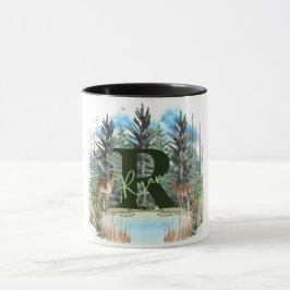 Caneca Cervo Aquarela Letra Personalizada Monograma R