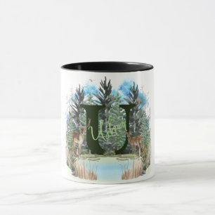 Caneca Cervo em Aquarela Letra de Monograma Personalizado