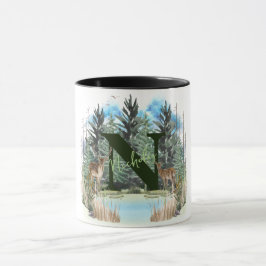Caneca Cervo em Aquarela Letra de Monograma Personalizado