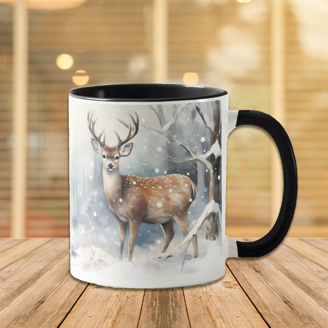 Caneca Cervo Macho no Bosque de Inverno Neve (Criador carregado)